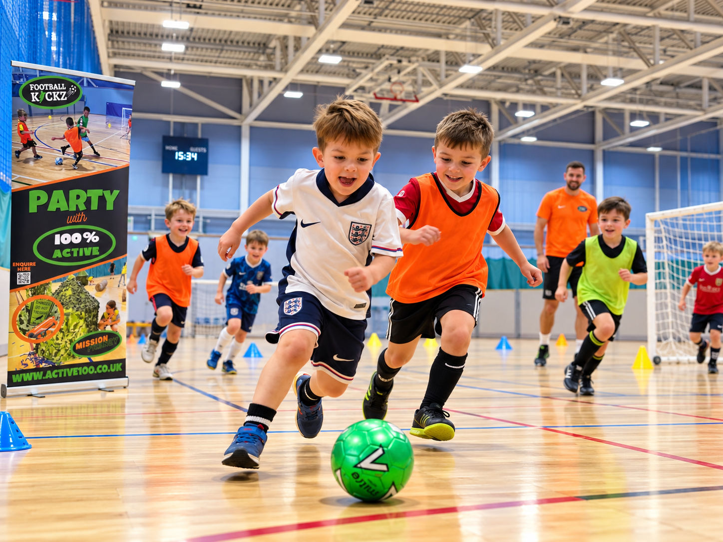 Children chasing a football during an indoor football party