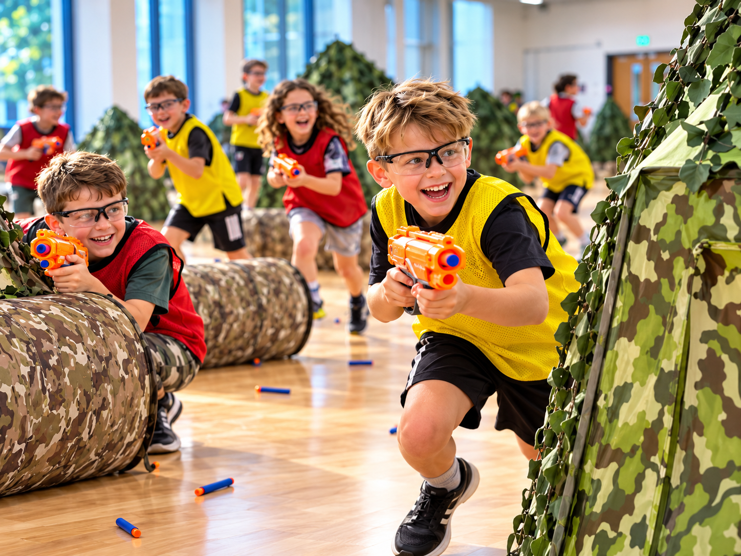 Children wearing protective goggles playing a Nerf team game among camouflage barriers